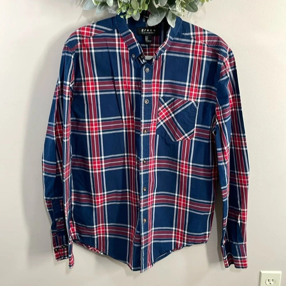 21Men An American Brand Classic Navy Red White Plaid Long Sleeve Button Down L - Picture 1 of 15